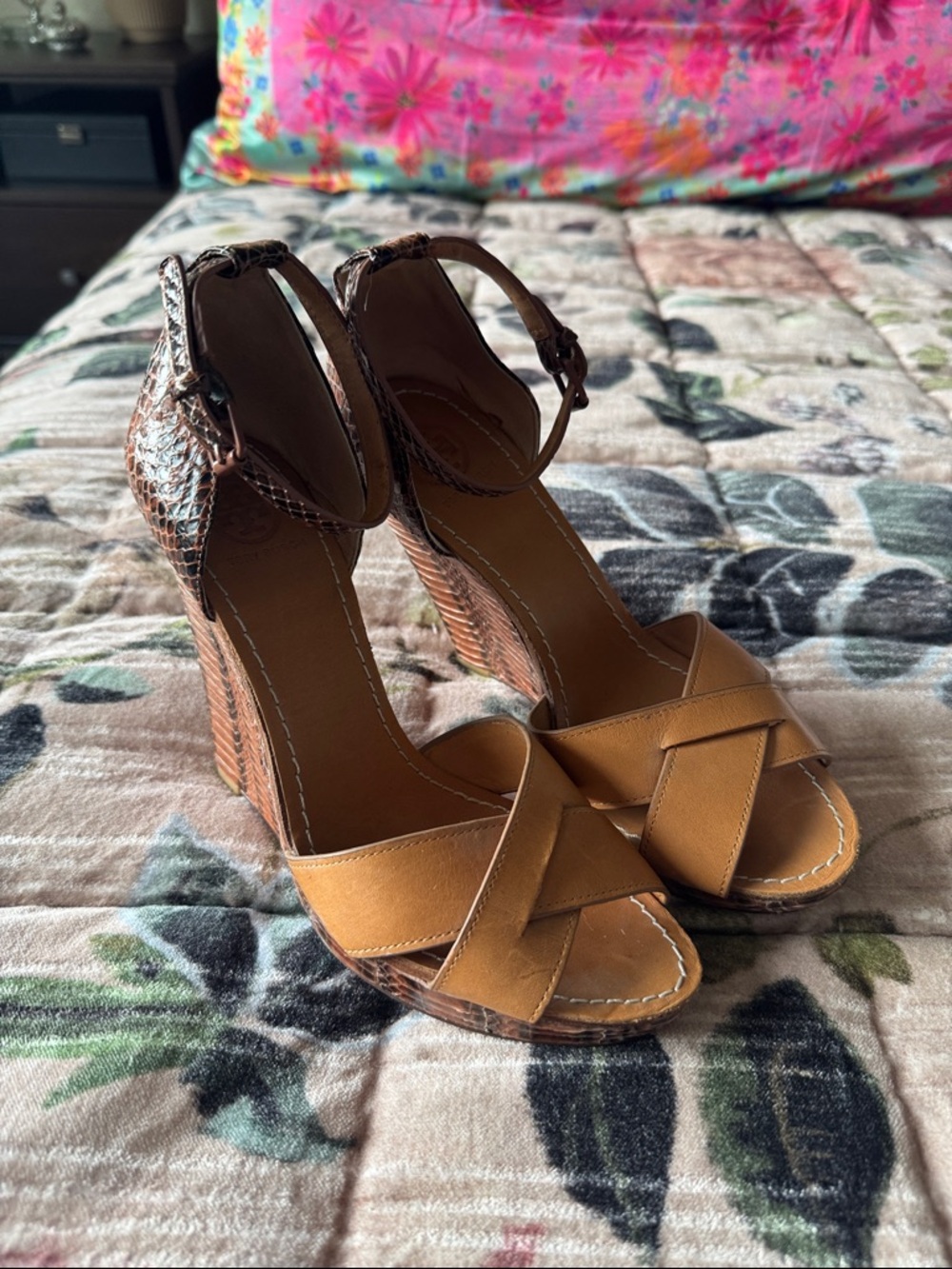Tory Burch Cognac Leather Wedge Sandals with Textured Heel